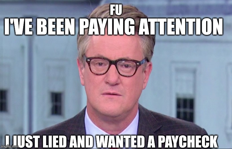 Joe Scarborough | FU I JUST LIED AND WANTED A PAYCHECK I'VE BEEN PAYING ATTENTION | image tagged in joe scarborough | made w/ Imgflip meme maker