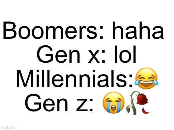 Laughing for different generations | Boomers: haha 
Gen x: lol
Millennials:😂
Gen z: 😭🥀 | made w/ Imgflip meme maker