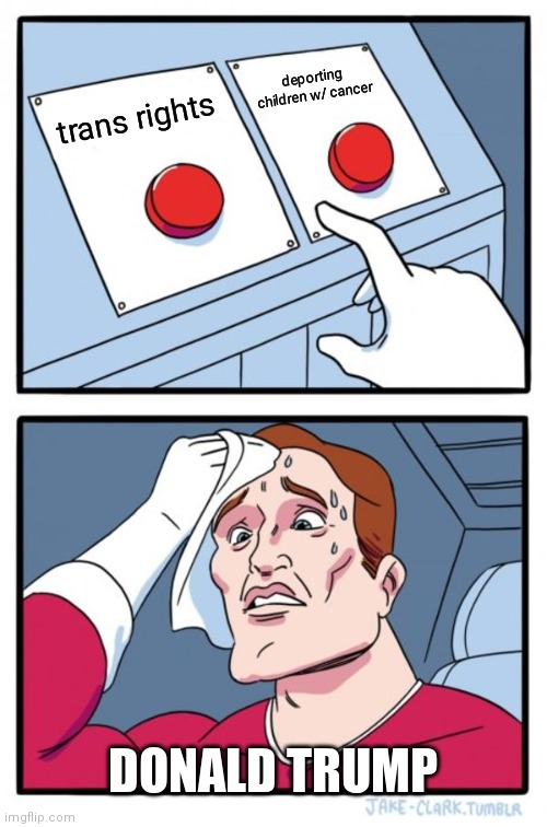 sister made this | deporting children w/ cancer; trans rights; DONALD TRUMP | image tagged in memes,two buttons | made w/ Imgflip meme maker