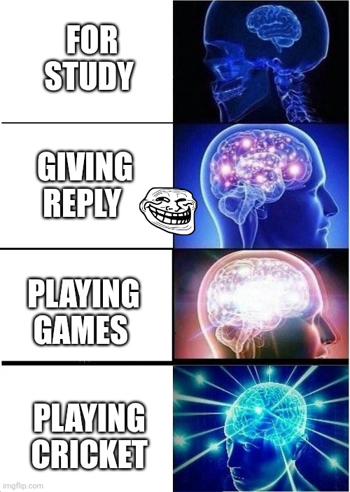 Expanding Brain | FOR STUDY; GIVING REPLY; PLAYING GAMES; PLAYING CRICKET | image tagged in memes,expanding brain | made w/ Imgflip meme maker