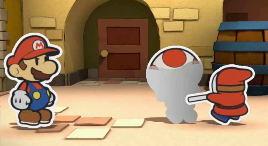 Mario witnessing a Straw Guy sucking the color of a Toad Blank Meme Template