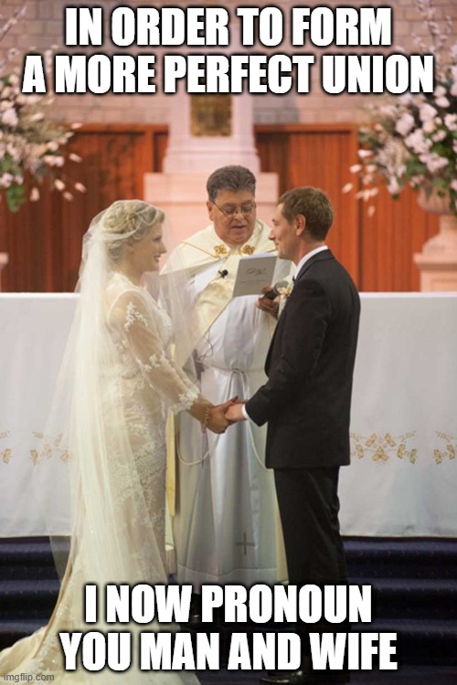 the constitution of united marriage | IN ORDER TO FORM A MORE PERFECT UNION; I NOW PRONOUN YOU MAN AND WIFE | image tagged in marriage | made w/ Imgflip meme maker