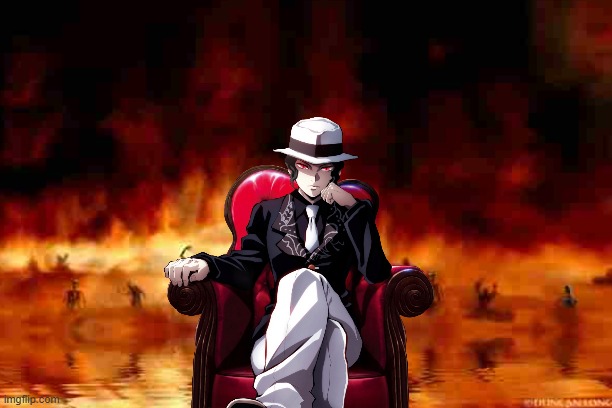 muzan sitting in hell | image tagged in hell,muzan,anime,demon slayer,hellfire,animeme | made w/ Imgflip meme maker
