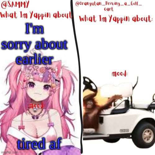 orangutan and Sammy's shared temp | I'm sorry about earlier; tired af | image tagged in orangutan and sammy's shared temp | made w/ Imgflip meme maker