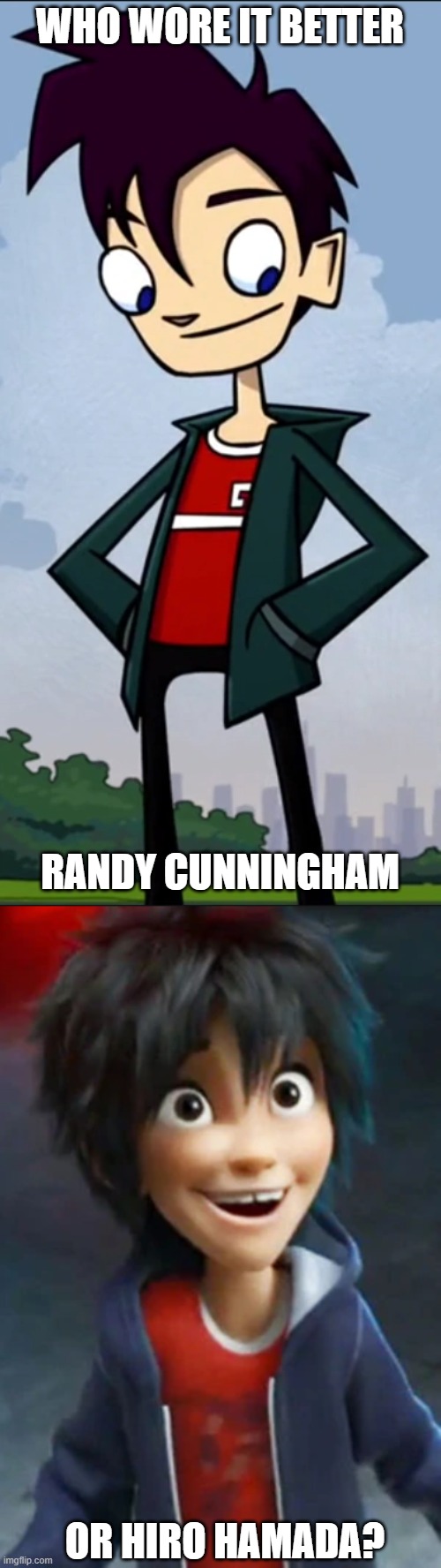 Who Wore It Better Wednesday #265 - Blue hoodies and red T-shirts (EDITED) | WHO WORE IT BETTER; RANDY CUNNINGHAM; OR HIRO HAMADA? | image tagged in memes,who wore it better,randy cunningham 9th grade ninja,big hero 6,disney xd,disney movies | made w/ Imgflip meme maker