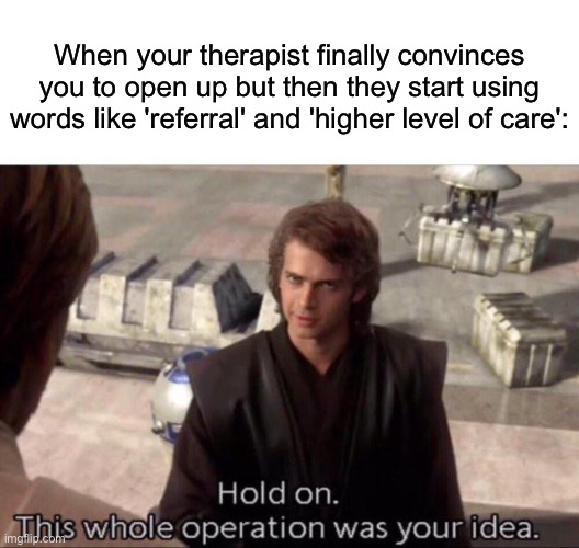 Therapist | When your therapist finally convinces you to open up but then they start using words like 'referral' and 'higher level of care': | image tagged in this whole operation was your idea,therapist,therapy,mental illness | made w/ Imgflip meme maker