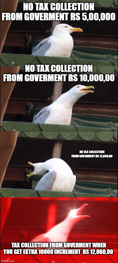 Goverment tax collection is insane (do not share to any socoial media) | NO TAX COLLECTION FROM GOVERMENT RS 5,00,000; NO TAX COLLECTION FROM GOVERMENT RS 10,000,00; NO TAX COLLECTION FROM GOVERMENT RS 12,050,00; TAX COLLECTION FROM GOVERMENT WHEN YOU GET EXTRA 10000 INCREMENT  RS 12,060,00 | image tagged in memes,inhaling seagull | made w/ Imgflip meme maker