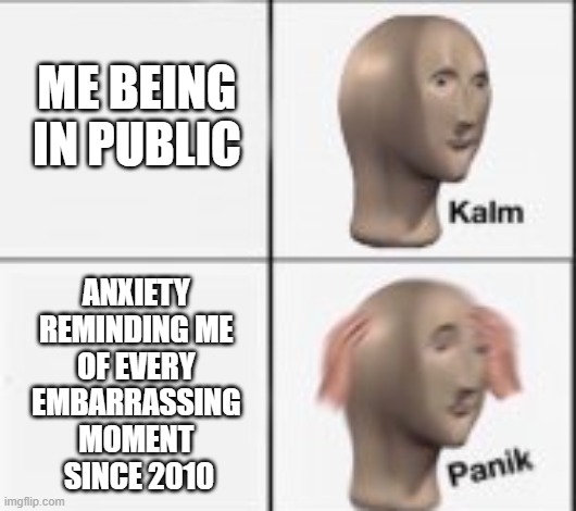 Anxiety panik attack | ME BEING IN PUBLIC; ANXIETY 
REMINDING ME 
OF EVERY 
EMBARRASSING 
MOMENT 
SINCE 2010 | image tagged in kalm panick | made w/ Imgflip meme maker