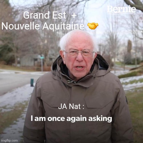 Bernie I Am Once Again Asking For Your Support | Grand Est  + Nouvelle Aquitaine 🤝; JA Nat : | image tagged in memes,bernie i am once again asking for your support | made w/ Imgflip meme maker