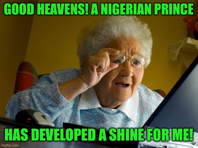 Grandma Finds The Internet | GOOD HEAVENS! A NIGERIAN PRINCE; HAS DEVELOPED A SHINE FOR ME! | image tagged in memes,grandma finds the internet | made w/ Imgflip meme maker