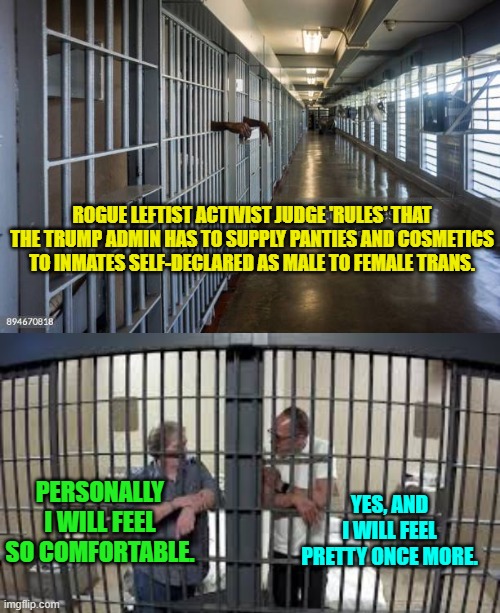 Leftists always have their priorities . . . which no sane person shares. | ROGUE LEFTIST ACTIVIST JUDGE 'RULES' THAT THE TRUMP ADMIN HAS TO SUPPLY PANTIES AND COSMETICS TO INMATES SELF-DECLARED AS MALE TO FEMALE TRANS. PERSONALLY I WILL FEEL SO COMFORTABLE. YES, AND I WILL FEEL PRETTY ONCE MORE. | image tagged in yep | made w/ Imgflip meme maker