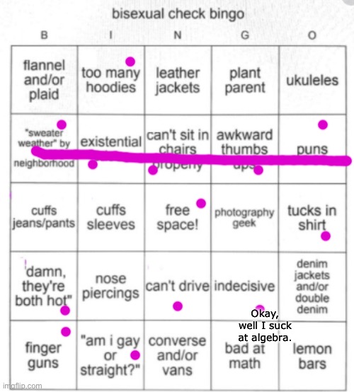 I’m pretty good at math for the most part. | Okay, well I suck at algebra. | image tagged in bisexual bingo | made w/ Imgflip meme maker
