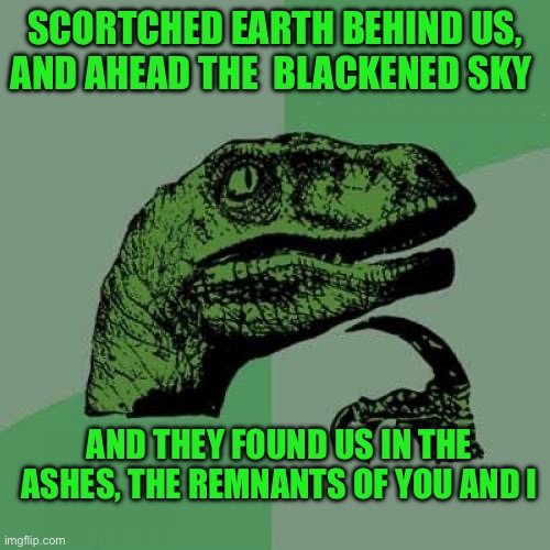 Philosoraptor | SCORTCHED EARTH BEHIND US, AND AHEAD THE  BLACKENED SKY; AND THEY FOUND US IN THE ASHES, THE REMNANTS OF YOU AND I | image tagged in memes,philosoraptor | made w/ Imgflip meme maker