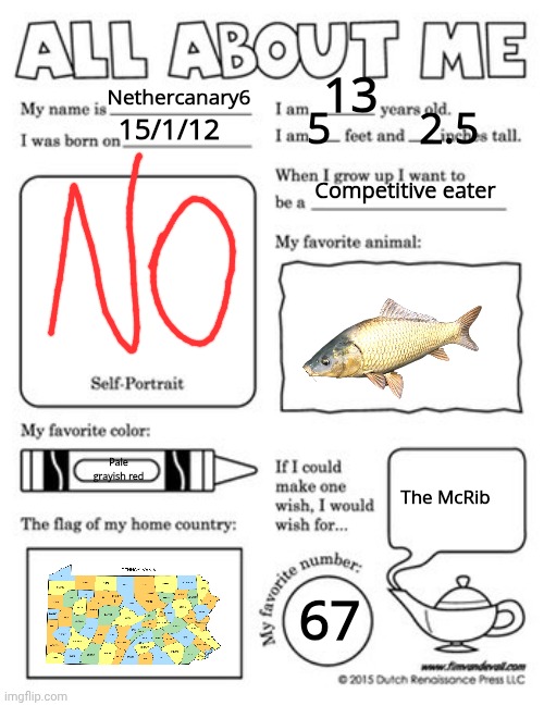 All about me template | 13; Nethercanary6; 5        2.5; 15/1/12; Competitive eater; Pale grayish red; The McRib; 67 | image tagged in all about me template | made w/ Imgflip meme maker