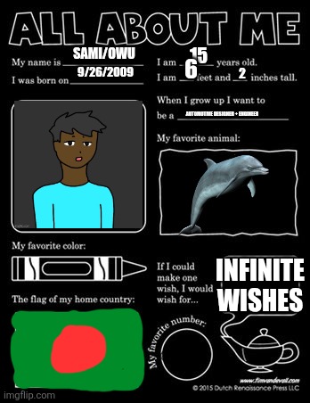 All about me template | SAMI/OWU; 15; 6; 9/26/2009; 2; AUTOMOTIVE DESIGNER + ENGINEER; INFINITE WISHES | image tagged in all about me template | made w/ Imgflip meme maker
