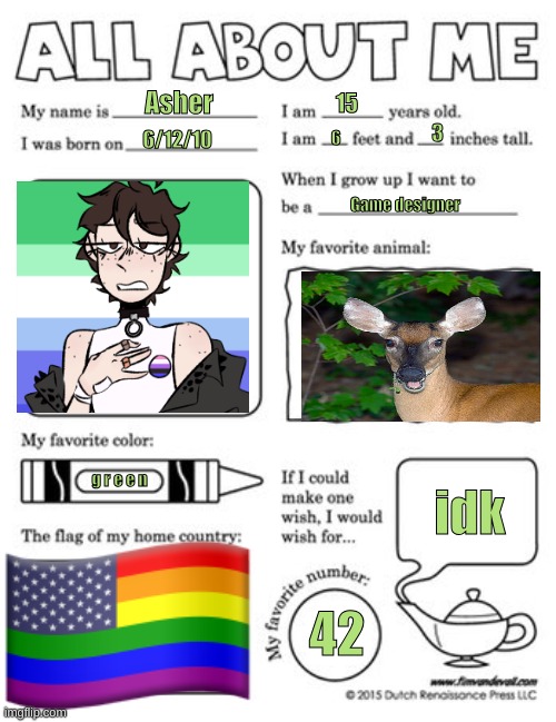 yuh | Asher; 15; 3; 6/12/10; 6; Game designer; idk; g r e e n; 42 | image tagged in all about me template | made w/ Imgflip meme maker