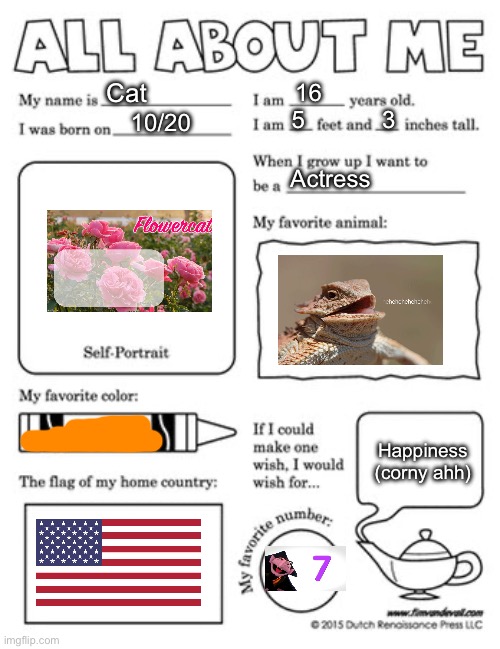 All about me template | Cat; 16; 5; 3; 10/20; Actress; Happiness (corny ahh) | image tagged in all about me template | made w/ Imgflip meme maker