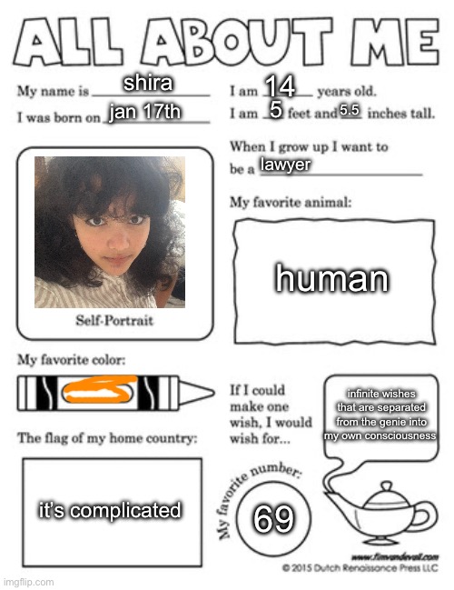 argh | shira; 14; jan 17th; 5.5; 5; lawyer; human; infinite wishes that are separated from the genie into my own consciousness; it’s complicated; 69 | image tagged in all about me template | made w/ Imgflip meme maker