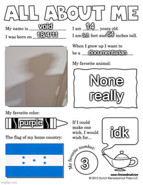 All about me template | 14; 64; 5.3; void; 18/4/11; documentarian; None really; idk; purple; 3 | image tagged in all about me template | made w/ Imgflip meme maker