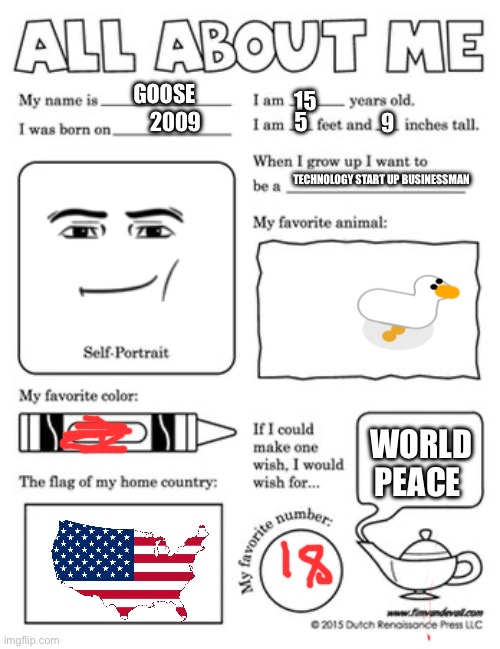 All about me template | GOOSE; 15; 2009; 5; 9; TECHNOLOGY START UP BUSINESSMAN; WORLD PEACE | image tagged in all about me template | made w/ Imgflip meme maker