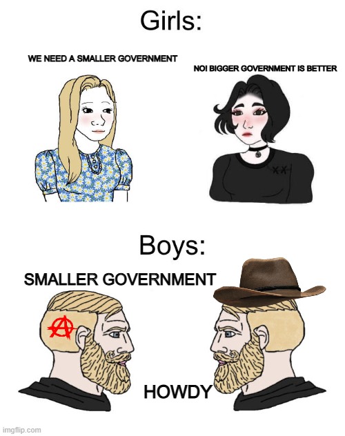 Smaller government is better | NO! BIGGER GOVERNMENT IS BETTER; WE NEED A SMALLER GOVERNMENT; SMALLER GOVERNMENT; HOWDY | image tagged in wojak girls vs boys | made w/ Imgflip meme maker