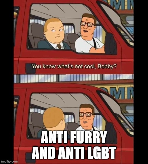 you know whats not cool bobby | ANTI FURRY AND ANTI LGBT | image tagged in you know whats not cool bobby,cartoon,king of the hill,homophobic,anti furry | made w/ Imgflip meme maker