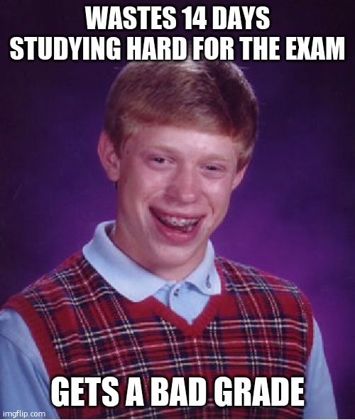 All those 14 days studying have gone to waste | WASTES 14 DAYS STUDYING HARD FOR THE EXAM; GETS A BAD GRADE | image tagged in memes,bad luck brian,funny,exams,relatable,years of academy training wasted | made w/ Imgflip meme maker