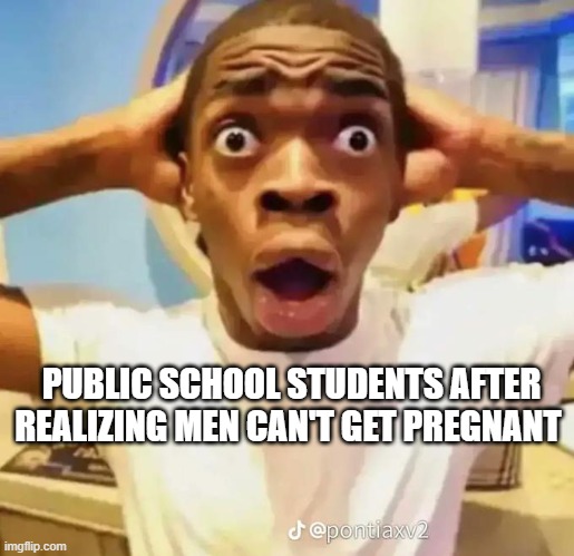 Shocking fact | PUBLIC SCHOOL STUDENTS AFTER REALIZING MEN CAN'T GET PREGNANT | image tagged in shocked black guy | made w/ Imgflip meme maker