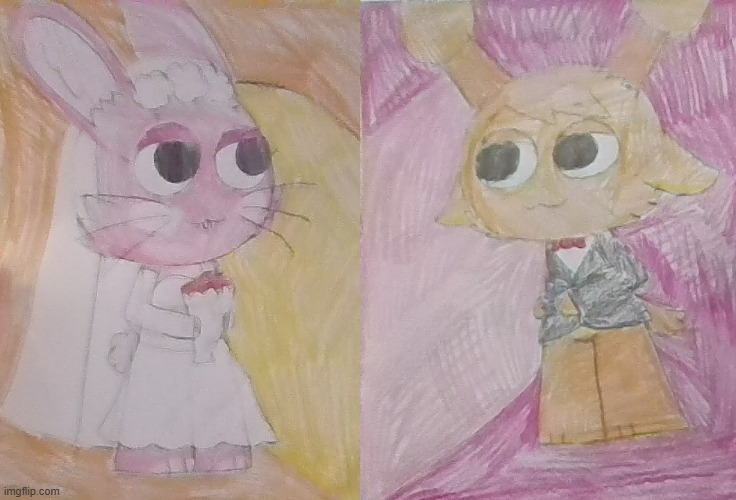 i did 2 colored pencil drawings of pinki and oren getting married | image tagged in sprunki,pinki,oren,incredibox,ship,orinki | made w/ Imgflip meme maker