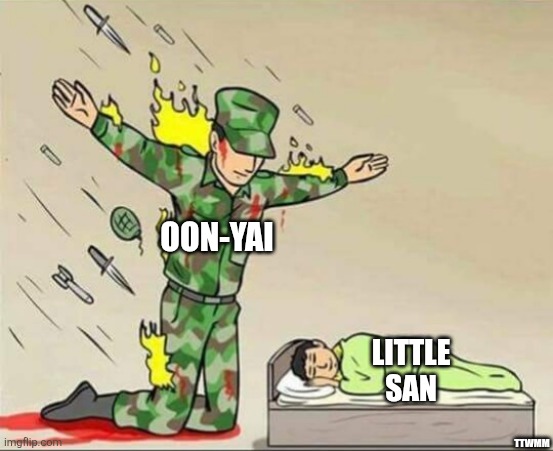 San | OON-YAI; TTWMM; LITTLE SAN | image tagged in soldier protecting sleeping child | made w/ Imgflip meme maker