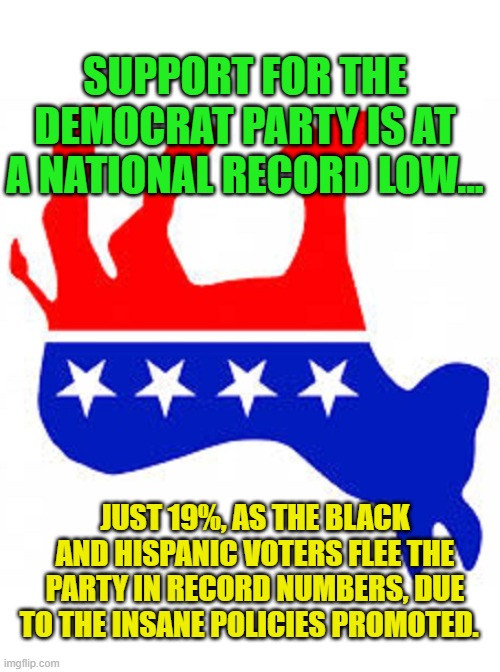 Democrat donkey | SUPPORT FOR THE DEMOCRAT PARTY IS AT A NATIONAL RECORD LOW... JUST 19%, AS THE BLACK AND HISPANIC VOTERS FLEE THE PARTY IN RECORD NUMBERS, DUE TO THE INSANE POLICIES PROMOTED. | image tagged in democrat donkey | made w/ Imgflip meme maker