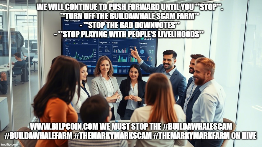 WE WILL CONTINUE TO PUSH FORWARD UNTIL YOU **STOP**.  

**TURN OFF THE BUILDAWHALE SCAM FARM**  
- **STOP THE BAD DOWNVOTES**  
- **STOP PLAYING WITH PEOPLE’S LIVELIHOODS**; WWW.BILPCOIN.COM WE MUST STOP THE #BUILDAWHALESCAM #BUILDAWHALEFARM #THEMARKYMARKSCAM #THEMARKYMARKFARM ON HIVE | made w/ Imgflip meme maker