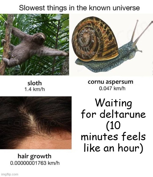 Why can't you come faster | Waiting for deltarune (10 minutes feels like an hour) | image tagged in slowest things | made w/ Imgflip meme maker