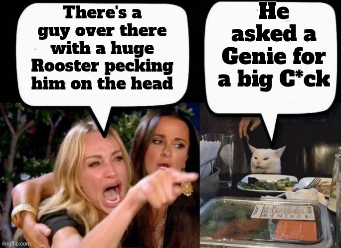 You never know what you're gonna get | There's a guy over there with a huge Rooster pecking him on the head He asked a Genie for a big C*ck | image tagged in don't eat the cat,big bird,well yes but actually no,what do we want,organ,enormous | made w/ Imgflip meme maker