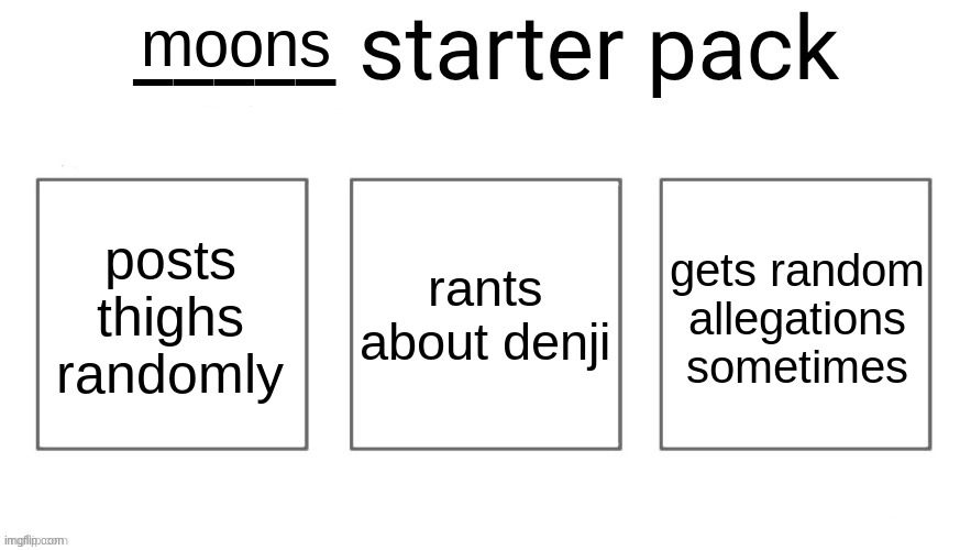 I may or may not be copying the other kid bc I wanna do ts too | moons; posts thighs randomly; rants about denji; gets random allegations sometimes | image tagged in user starter pack | made w/ Imgflip meme maker