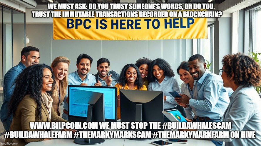 WE MUST ASK: DO YOU TRUST SOMEONE’S WORDS, OR DO YOU TRUST THE IMMUTABLE TRANSACTIONS RECORDED ON A BLOCKCHAIN? WWW.BILPCOIN.COM WE MUST STOP THE #BUILDAWHALESCAM #BUILDAWHALEFARM #THEMARKYMARKSCAM #THEMARKYMARKFARM ON HIVE | made w/ Imgflip meme maker