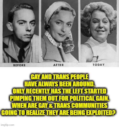 More Leftist Logic | GAY AND TRANS PEOPLE
HAVE ALWAYS BEEN AROUND.
ONLY RECENTLY HAS THE LEFT STARTED
PIMPING THEM OUT FOR POLITICAL GAIN.
WHEN ARE GAY & TRANS COMMUNITIES
GOING TO REALIZE THEY ARE BEING EXPLOITED? | image tagged in blackmail | made w/ Imgflip meme maker