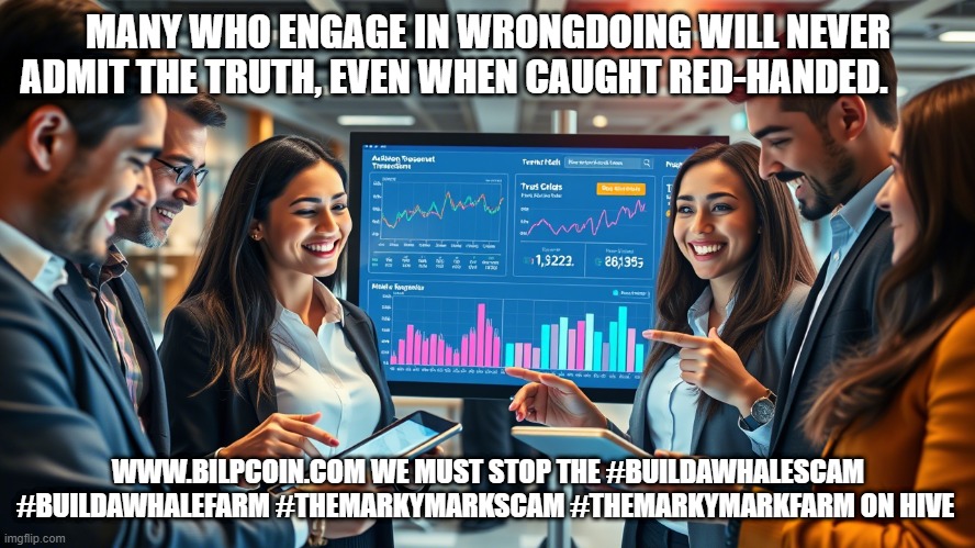 MANY WHO ENGAGE IN WRONGDOING WILL NEVER ADMIT THE TRUTH, EVEN WHEN CAUGHT RED-HANDED. WWW.BILPCOIN.COM WE MUST STOP THE #BUILDAWHALESCAM #BUILDAWHALEFARM #THEMARKYMARKSCAM #THEMARKYMARKFARM ON HIVE | made w/ Imgflip meme maker