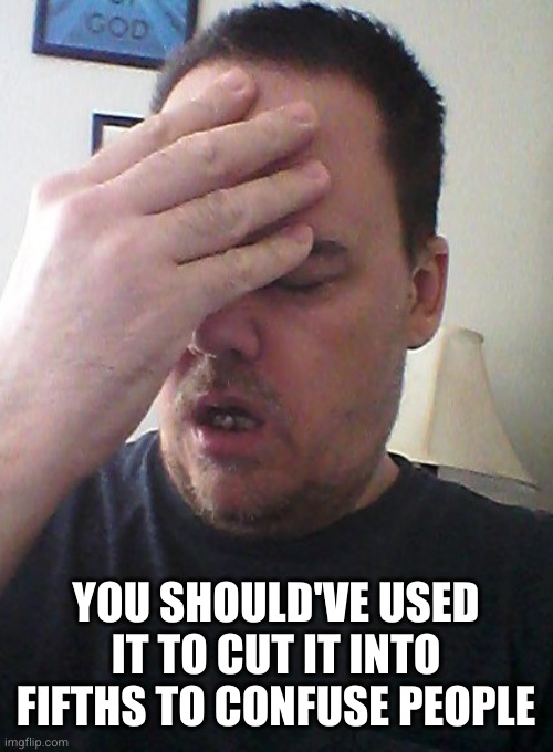 YOU SHOULD'VE USED IT TO CUT IT INTO FIFTHS TO CONFUSE PEOPLE | image tagged in face palm | made w/ Imgflip meme maker