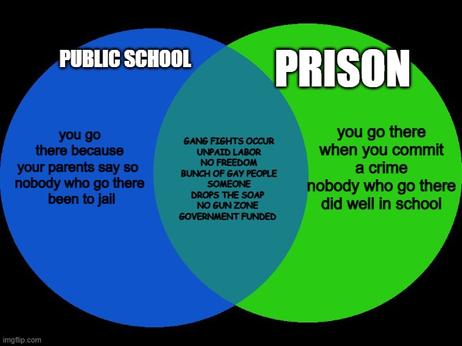school is prison | you go there because your parents say so 
nobody who go there
 been to jail; PRISON; PUBLIC SCHOOL; you go there when you commit a crime
nobody who go there did well in school; GANG FIGHTS OCCUR
UNPAID LABOR
NO FREEDOM
BUNCH OF GAY PEOPLE
SOMEONE DROPS THE SOAP 
NO GUN ZONE 
GOVERNMENT FUNDED | image tagged in venn comparison | made w/ Imgflip meme maker