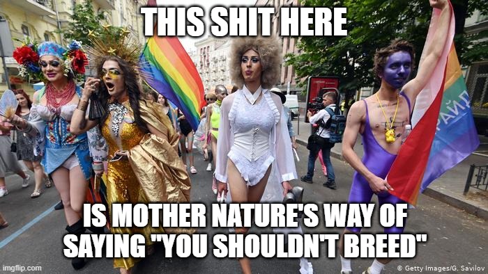 Gay Pride Parade | THIS SHIT HERE; IS MOTHER NATURE'S WAY OF SAYING "YOU SHOULDN'T BREED" | image tagged in gay pride parade | made w/ Imgflip meme maker