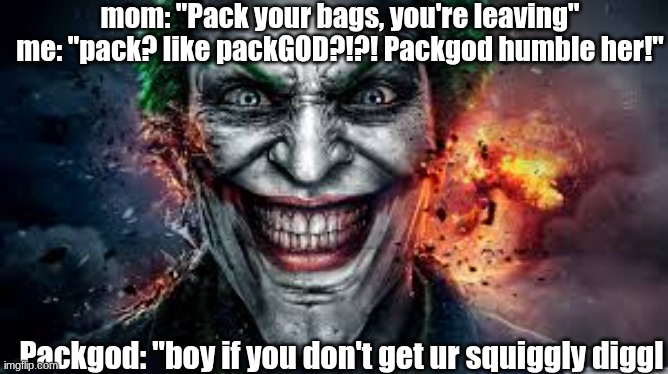 s | mom: "Pack your bags, you're leaving"
me: "pack? like packGOD?!?! Packgod humble her!"; Packgod: "boy if you don't get ur squiggly diggl | image tagged in jonkler | made w/ Imgflip meme maker