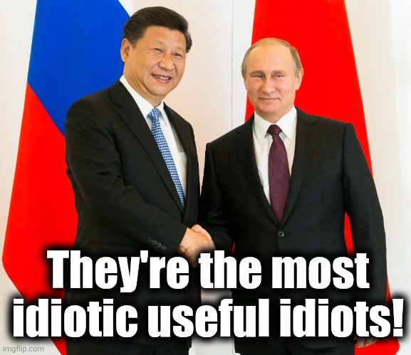 Xi Jinping Vladimir Putin laughing at the United States | They're the most
idiotic useful idiots! | image tagged in xi jinping vladimir putin laughing at the united states | made w/ Imgflip meme maker
