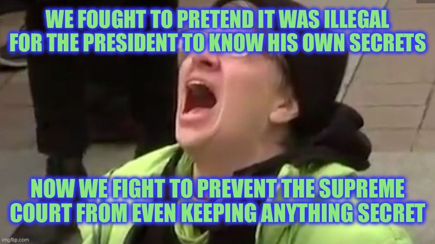 Liberal Logic Strikes Again | WE FOUGHT TO PRETEND IT WAS ILLEGAL FOR THE PRESIDENT TO KNOW HIS OWN SECRETS; NOW WE FIGHT TO PREVENT THE SUPREME COURT FROM EVEN KEEPING ANYTHING SECRET | image tagged in screaming liberal,liberal logic,stupid liberals,donald trump,supreme court | made w/ Imgflip meme maker