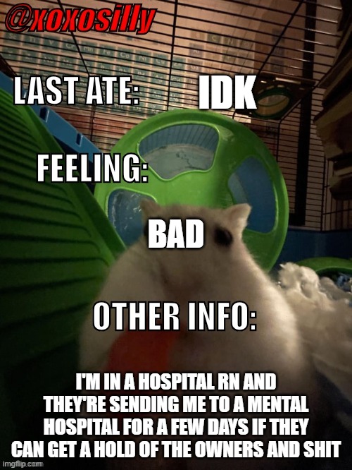 memechat me for info ig | IDK; BAD; I'M IN A HOSPITAL RN AND THEY'RE SENDING ME TO A MENTAL HOSPITAL FOR A FEW DAYS IF THEY CAN GET A HOLD OF THE OWNERS AND SHIT | image tagged in xoxosilly's announcement template | made w/ Imgflip meme maker