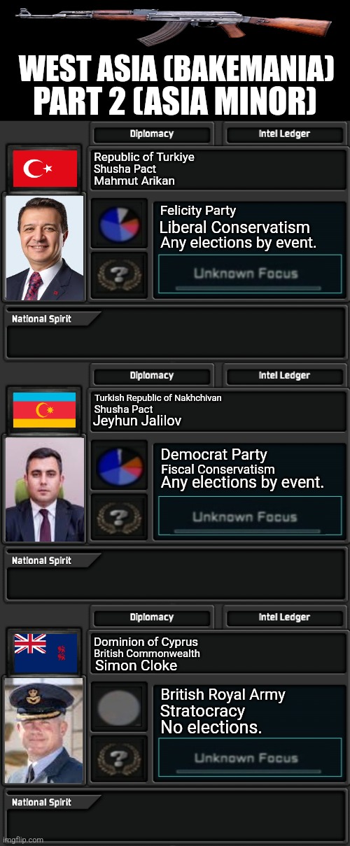 WEST ASIA (BAKEMANIA); PART 2 (ASIA MINOR); Republic of Turkiye; Shusha Pact; Mahmut Arikan; Felicity Party; Liberal Conservatism; Any elections by event. Turkish Republic of Nakhchivan; Shusha Pact; Jeyhun Jalilov; Democrat Party; Fiscal Conservatism; Any elections by event. Dominion of Cyprus; British Commonwealth; Simon Cloke; British Royal Army; Stratocracy; No elections. | image tagged in memes,turkey,greece | made w/ Imgflip meme maker