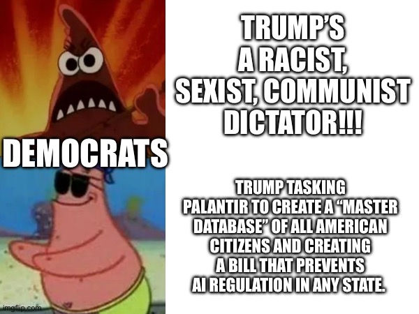 The technocracy is coming | TRUMP’S A RACIST, SEXIST, COMMUNIST DICTATOR!!! DEMOCRATS; TRUMP TASKING PALANTIR TO CREATE A “MASTER DATABASE” OF ALL AMERICAN CITIZENS AND CREATING A BILL THAT PREVENTS AI REGULATION IN ANY STATE. | made w/ Imgflip meme maker