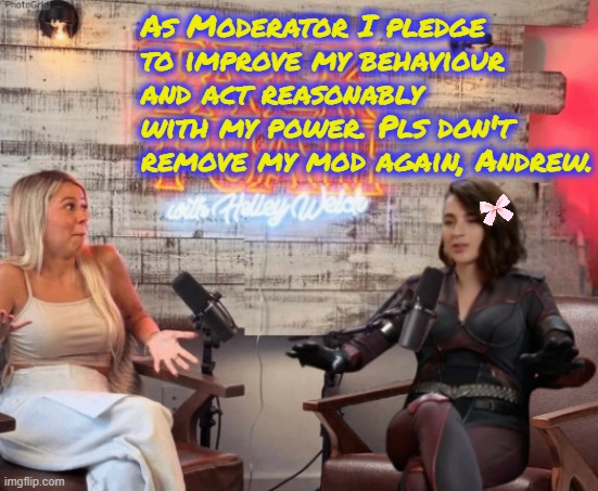 With great power cumz responsibility (and memez!) | As Moderator I pledge to improve my behaviour and act reasonably with my power. Pls don't remove my mod again, Andrew. | image tagged in talk tuah guest stormfront | made w/ Imgflip meme maker