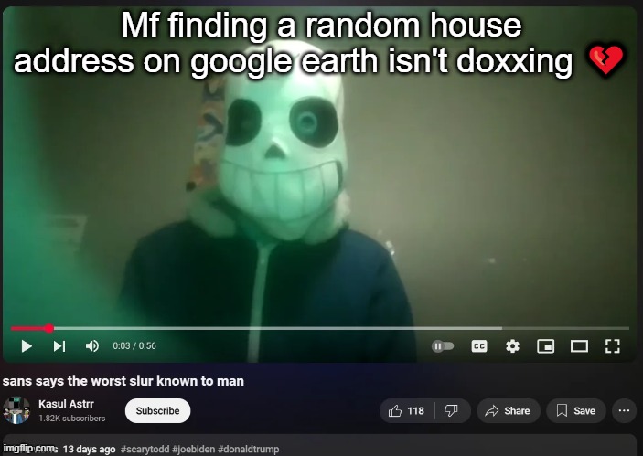 @rewrite | Mf finding a random house address on google earth isn't doxxing 💔 | image tagged in sans says the worst slur known to man | made w/ Imgflip meme maker