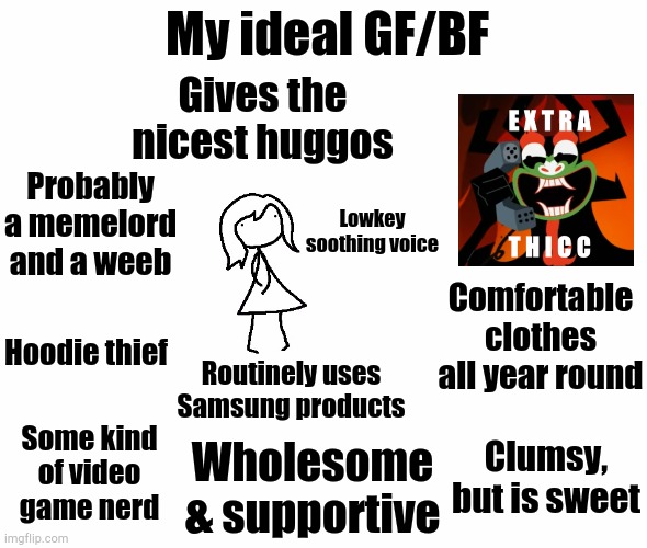 My Ideal Partner | My ideal GF/BF; Gives the nicest huggos; Probably a memelord and a weeb; Lowkey soothing voice; Comfortable clothes all year round; Hoodie thief; Routinely uses Samsung products; Some kind of video game nerd; Clumsy, but is sweet; Wholesome & supportive | image tagged in ideal gf | made w/ Imgflip meme maker